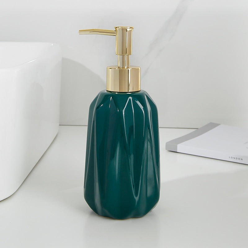 Modern Ceramic Diamond-Cut Soap Dispenser - Press Shampoo And Shower Gel Sub-bottle -Refillable Diamond-Cut Pump Bottle for Hand Soap, Lotion, and Dish Soap in Dark Green and Gold