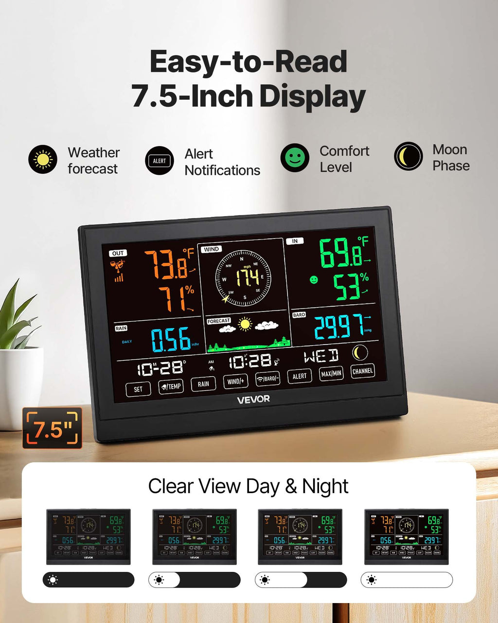 5-in-1 Wireless Weather Station 7.5 In Display Indoor Outdoor Thermometer Sensor