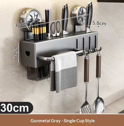 Wall Mounted Kitchen Organizer – No-Drill Knife Rack & Utensil Holder with Hooks & Towel Bar, Punch-Free Space-Saving Storage Shelf for Cutlery, Spoons & Spatulas