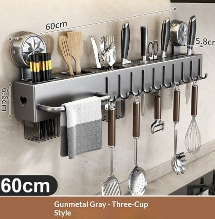 Wall Mounted Kitchen Organizer – No-Drill Knife Rack & Utensil Holder with Hooks & Towel Bar, Punch-Free Space-Saving Storage Shelf for Cutlery, Spoons & Spatulas
