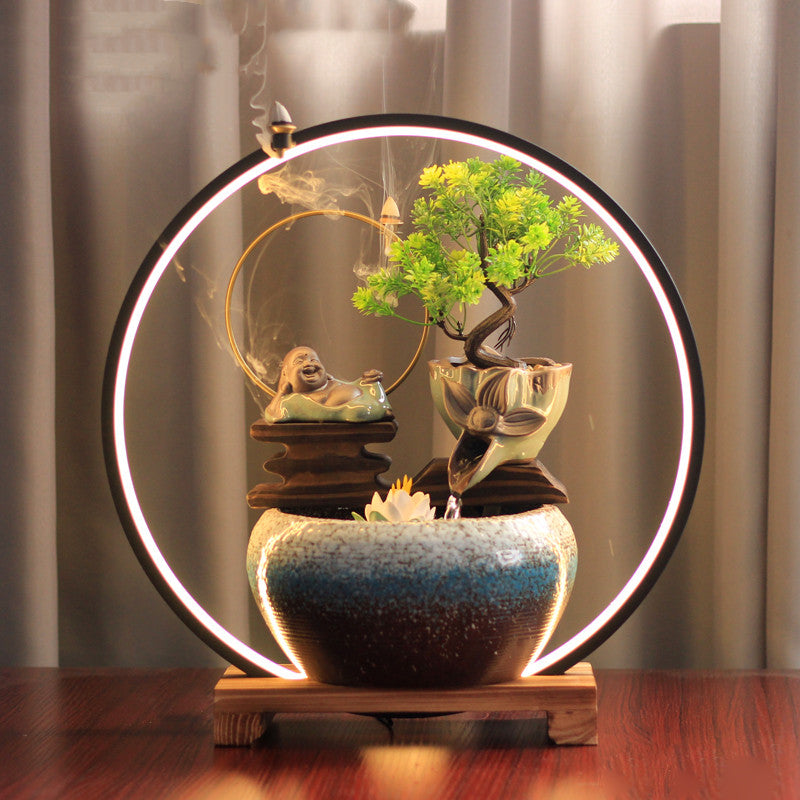 Zen Tabletop Waterfall Fountain with LED Halo Light & Backflow Incense Burner