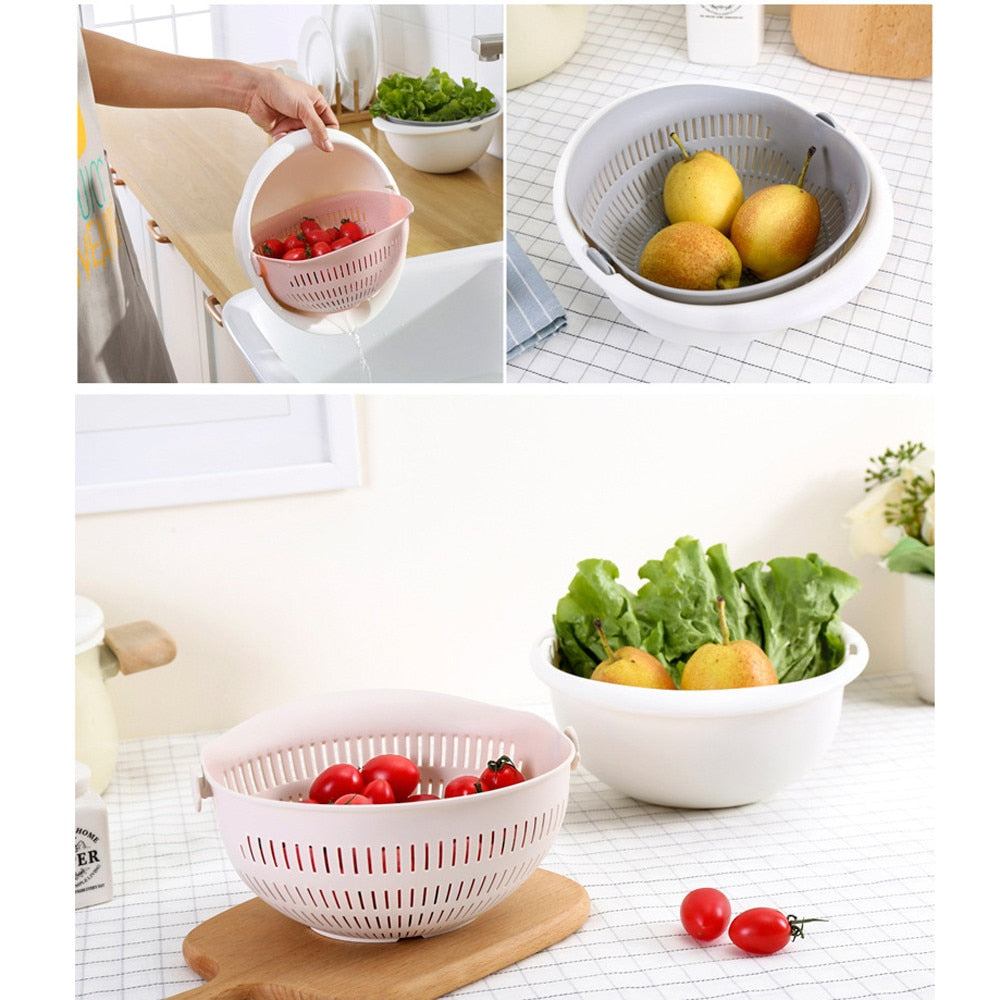Multifunctional Double-Layer Drain Basket & Washing Bowl – Rotatable 2-in-1 Strainer Set for Fruits, Vegetables, Rice, and Pasta – Space-Saving Detachable Design