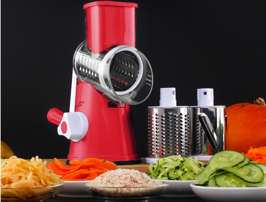 Multi-functional Rotary Cheese Grater & Vegetable Slicer | 3-in-1 Manual Hand Crank Shredder with 3 Interchangeable Stainless Steel Blades and Strong Suction Base