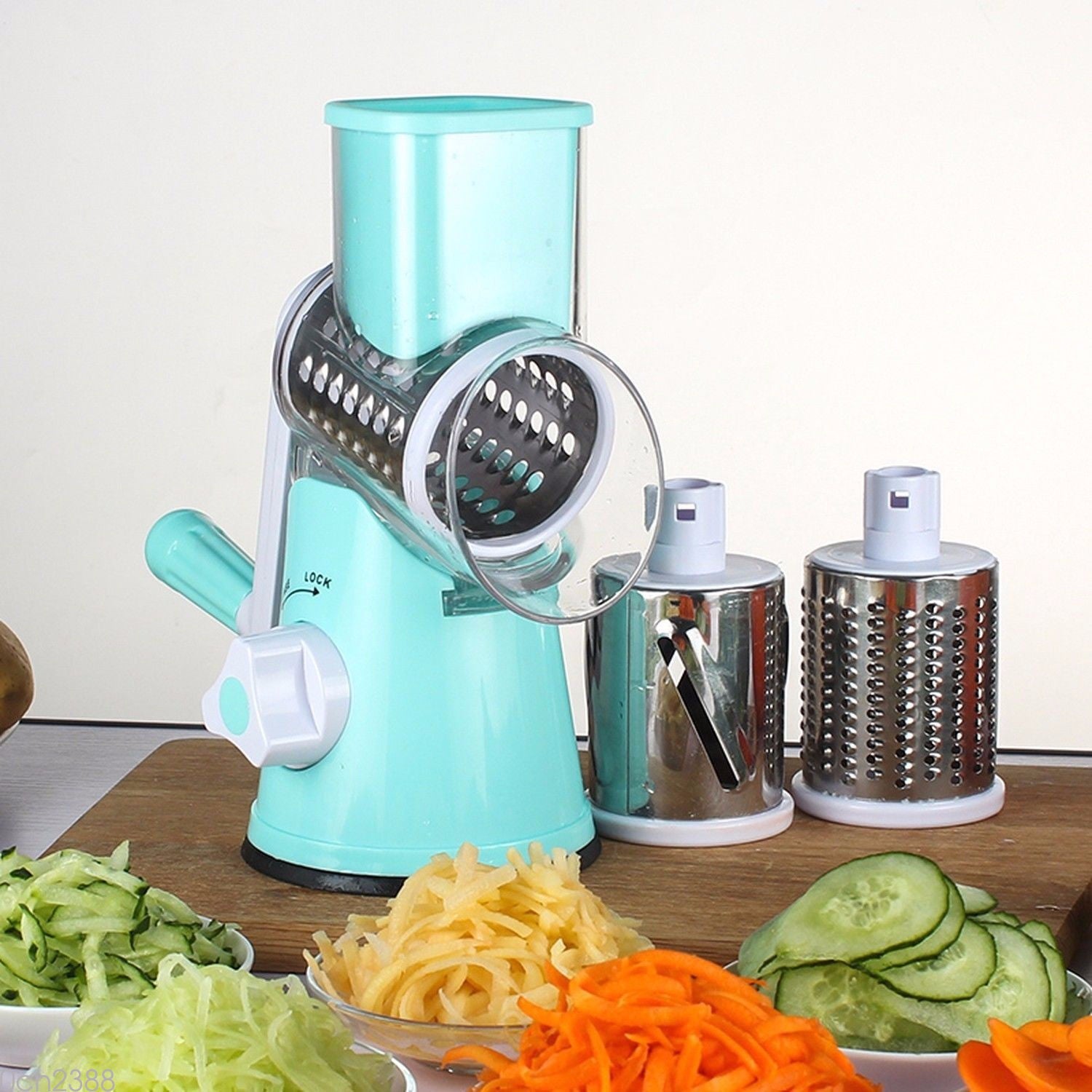 Multi-functional Rotary Cheese Grater & Vegetable Slicer | 3-in-1 Manual Hand Crank Shredder with 3 Interchangeable Stainless Steel Blades and Strong Suction Base