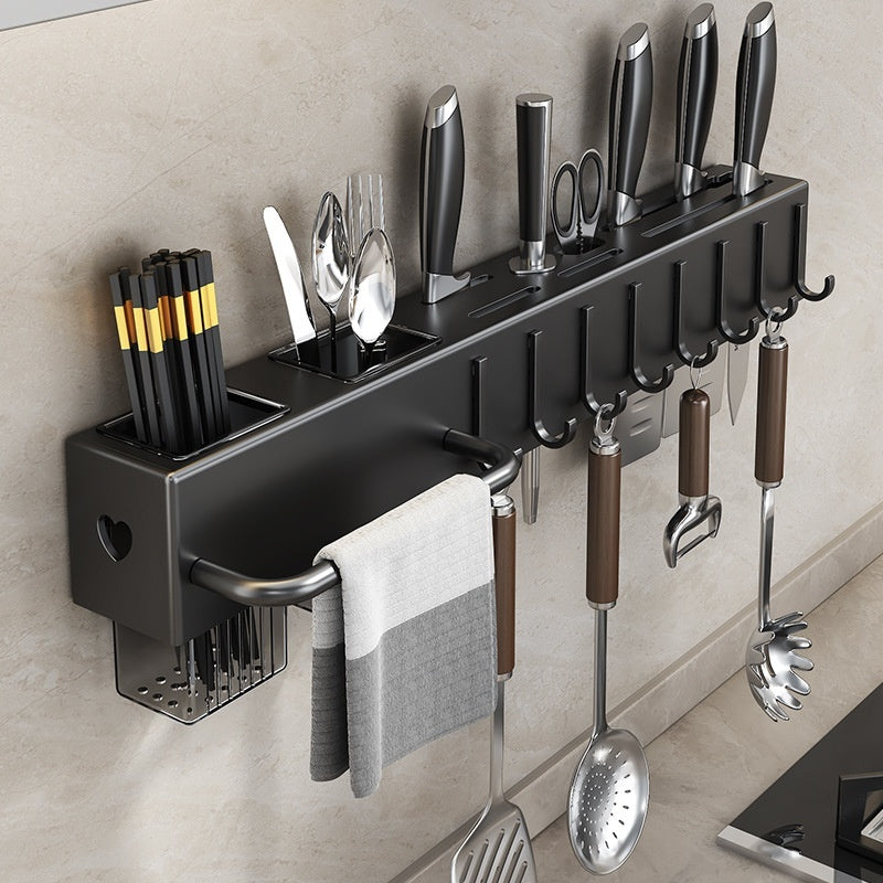 Wall Mounted Kitchen Organizer – No-Drill Knife Rack & Utensil Holder with Hooks & Towel Bar, Punch-Free Space-Saving Storage Shelf for Cutlery, Spoons & Spatulas