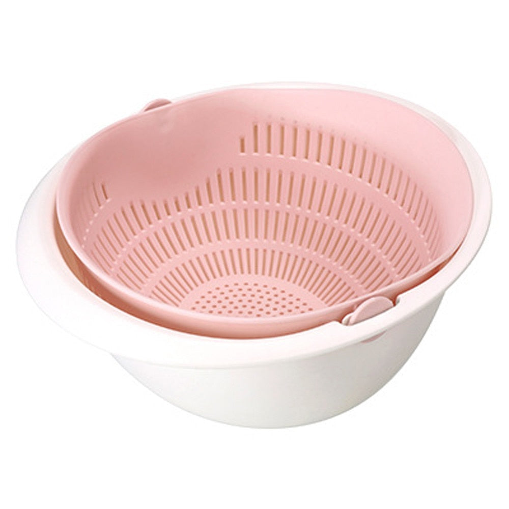 Multifunctional Double-Layer Drain Basket & Washing Bowl – Rotatable 2-in-1 Strainer Set for Fruits, Vegetables, Rice, and Pasta – Space-Saving Detachable Design