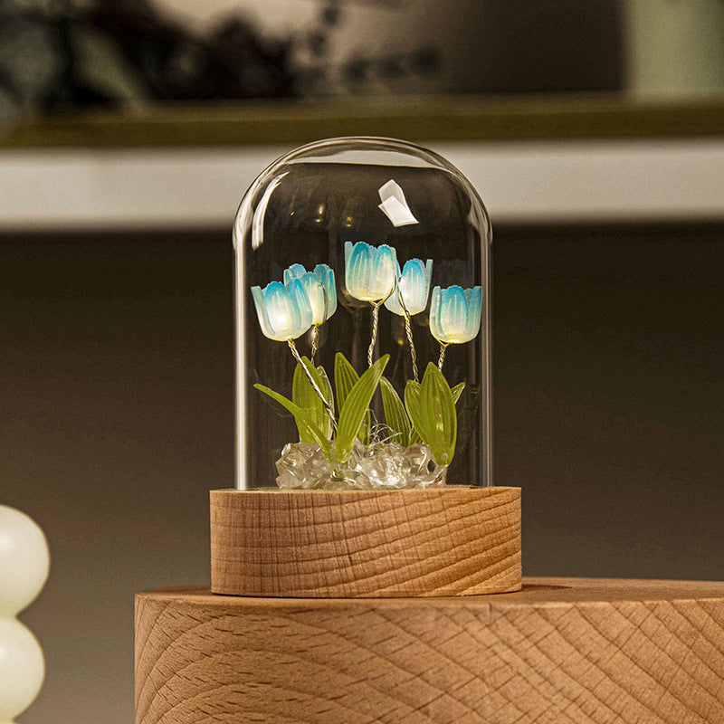 Enchanted Handmade Tulip Night Light – Glass Dome LED Flower Lamp for Aesthetic Room Decor, Romantic Gifting & Desktop Decoration