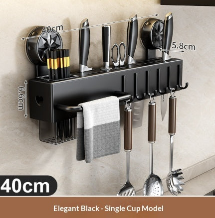 Wall Mounted Kitchen Organizer – No-Drill Knife Rack & Utensil Holder with Hooks & Towel Bar, Punch-Free Space-Saving Storage Shelf for Cutlery, Spoons & Spatulas