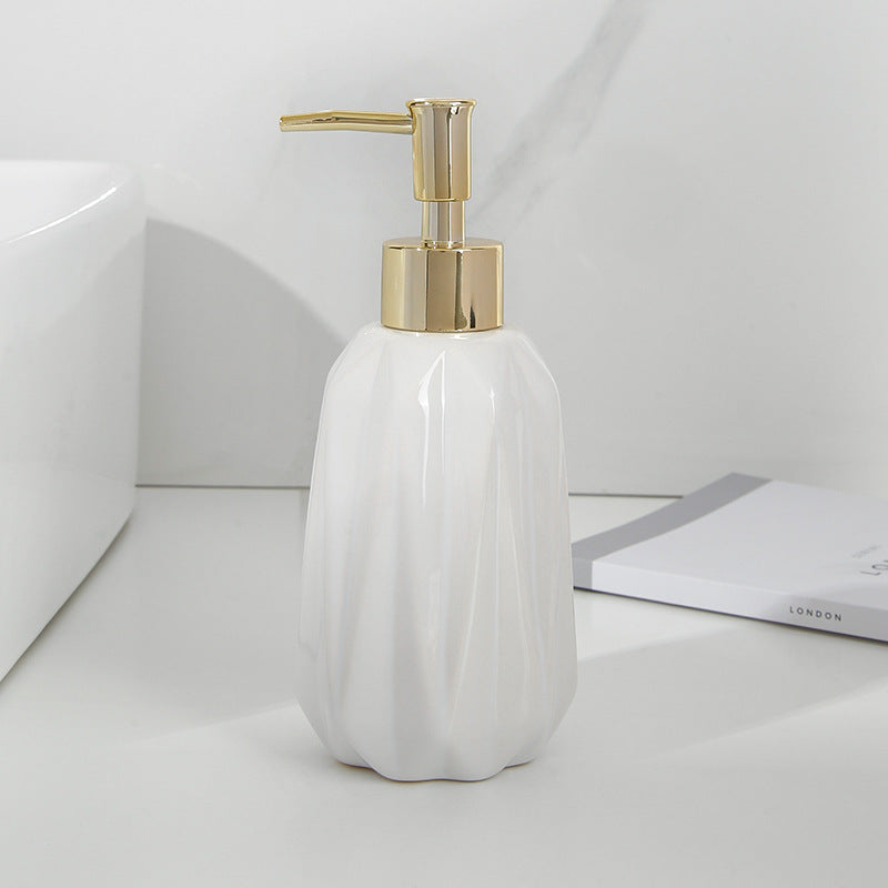 Modern Ceramic Diamond-Cut Soap Dispenser - Press Shampoo And Shower Gel Sub-bottle -Refillable Diamond-Cut Pump Bottle for Hand Soap, Lotion, and Dish Soap in Dark Green and Gold