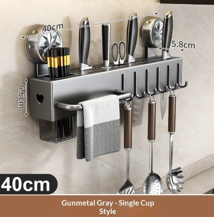 Wall Mounted Kitchen Organizer – No-Drill Knife Rack & Utensil Holder with Hooks & Towel Bar, Punch-Free Space-Saving Storage Shelf for Cutlery, Spoons & Spatulas