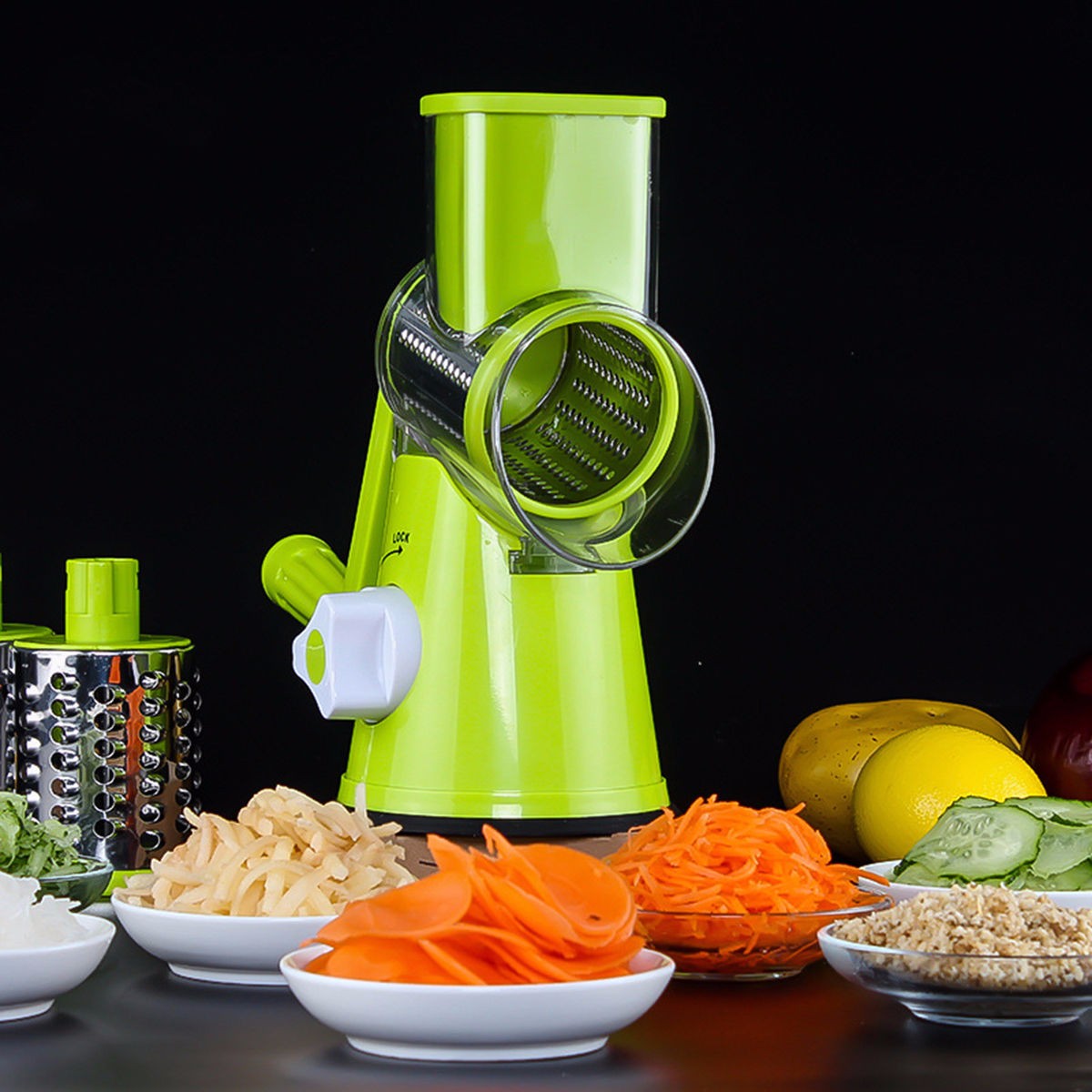 Multi-functional Rotary Cheese Grater & Vegetable Slicer | 3-in-1 Manual Hand Crank Shredder with 3 Interchangeable Stainless Steel Blades and Strong Suction Base