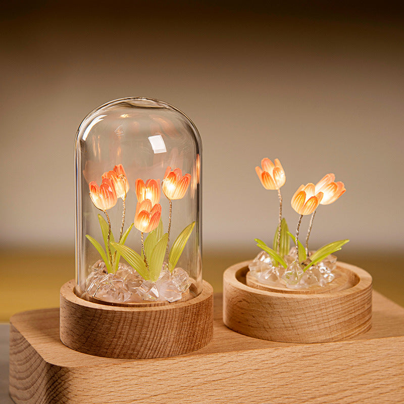 Enchanted Handmade Tulip Night Light – Glass Dome LED Flower Lamp for Aesthetic Room Decor, Romantic Gifting & Desktop Decoration