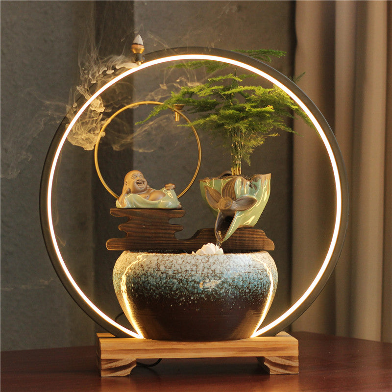 Zen Tabletop Waterfall Fountain with LED Halo Light & Backflow Incense Burner