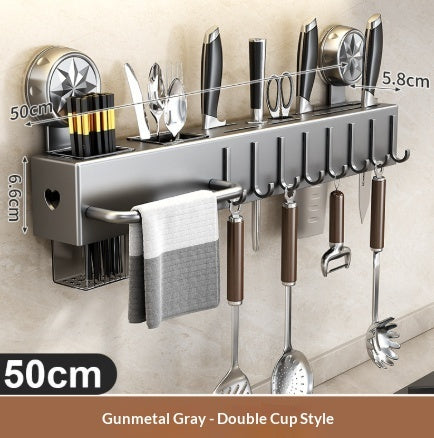 Wall Mounted Kitchen Organizer – No-Drill Knife Rack & Utensil Holder with Hooks & Towel Bar, Punch-Free Space-Saving Storage Shelf for Cutlery, Spoons & Spatulas