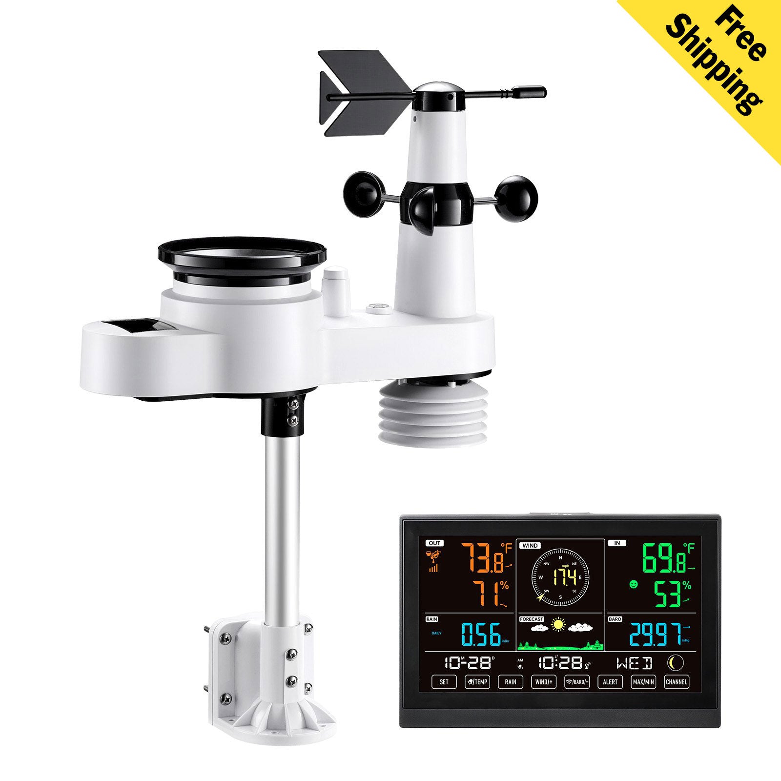 5-in-1 Wireless Weather Station 7.5 In Display Indoor Outdoor Thermometer Sensor