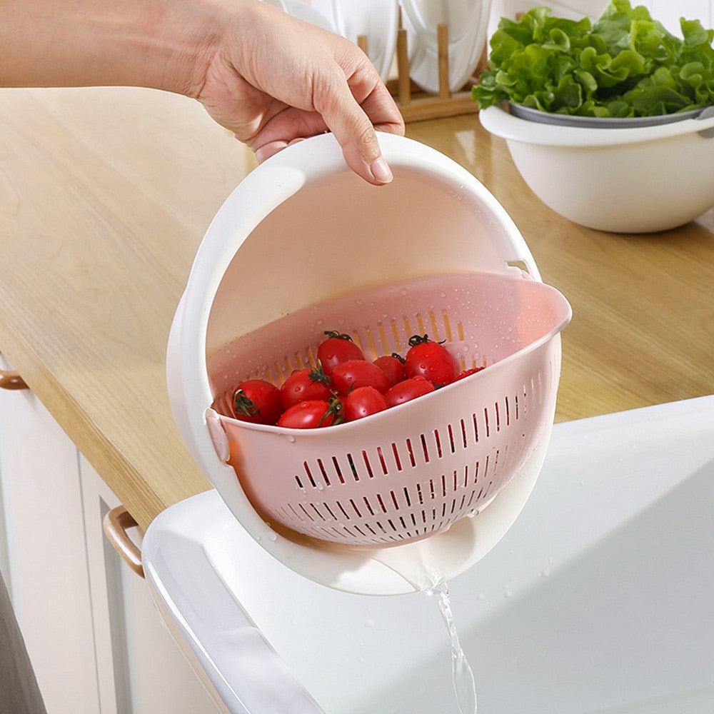 Multifunctional Double-Layer Drain Basket & Washing Bowl – Rotatable 2-in-1 Strainer Set for Fruits, Vegetables, Rice, and Pasta – Space-Saving Detachable Design