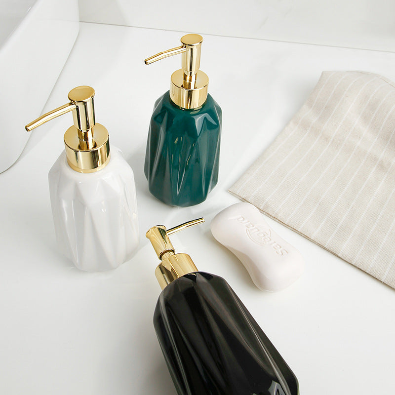 Modern Ceramic Diamond-Cut Soap Dispenser - Press Shampoo And Shower Gel Sub-bottle -Refillable Diamond-Cut Pump Bottle for Hand Soap, Lotion, and Dish Soap in Dark Green and Gold