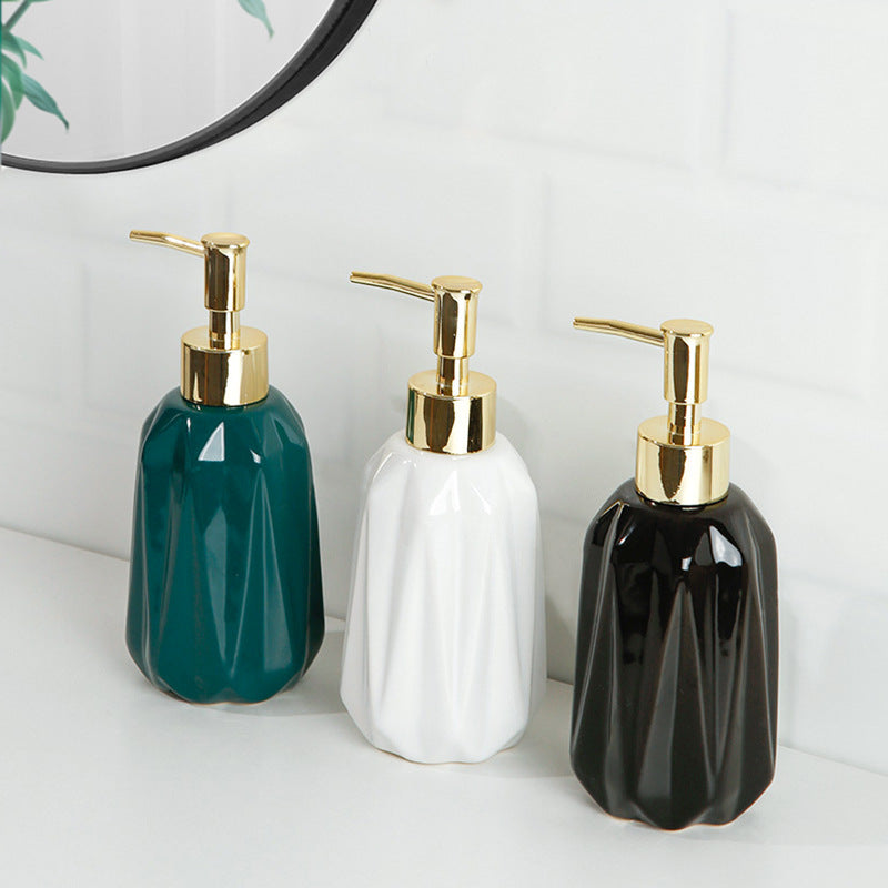 Modern Ceramic Diamond-Cut Soap Dispenser - Press Shampoo And Shower Gel Sub-bottle -Refillable Diamond-Cut Pump Bottle for Hand Soap, Lotion, and Dish Soap in Dark Green and Gold