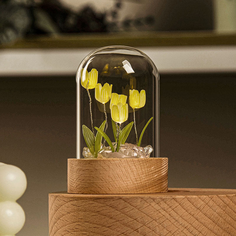 Enchanted Handmade Tulip Night Light – Glass Dome LED Flower Lamp for Aesthetic Room Decor, Romantic Gifting & Desktop Decoration