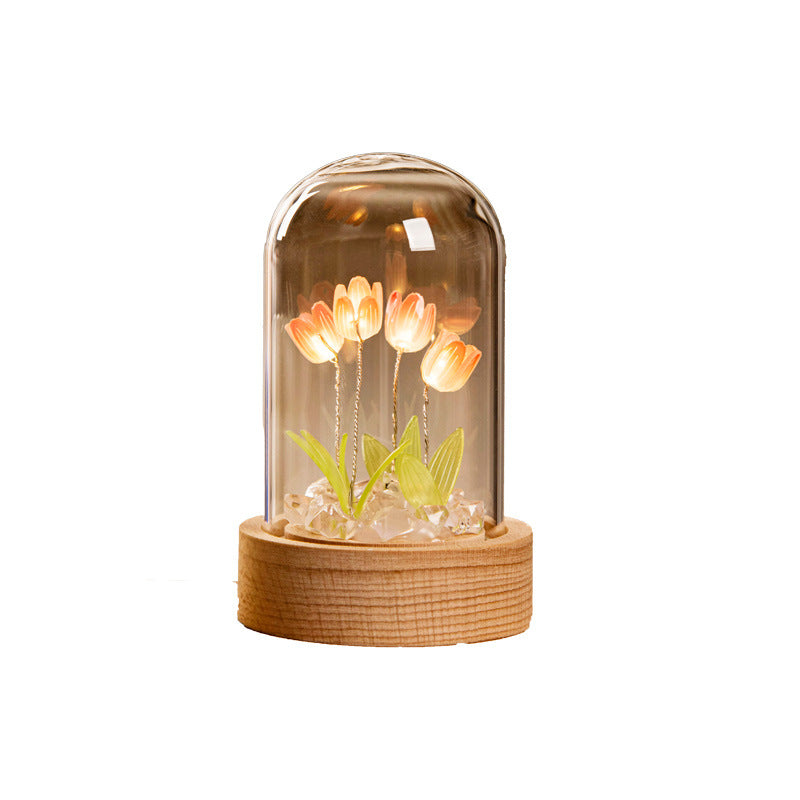 Enchanted Handmade Tulip Night Light – Glass Dome LED Flower Lamp for Aesthetic Room Decor, Romantic Gifting & Desktop Decoration