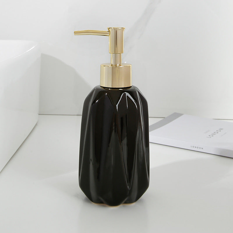 Modern Ceramic Diamond-Cut Soap Dispenser - Press Shampoo And Shower Gel Sub-bottle -Refillable Diamond-Cut Pump Bottle for Hand Soap, Lotion, and Dish Soap in Dark Green and Gold