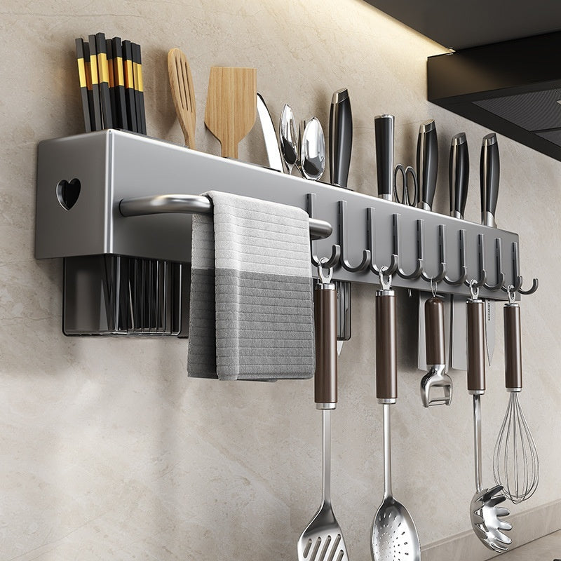 Wall Mounted Kitchen Organizer – No-Drill Knife Rack & Utensil Holder with Hooks & Towel Bar, Punch-Free Space-Saving Storage Shelf for Cutlery, Spoons & Spatulas