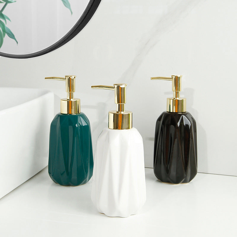 Modern Ceramic Diamond-Cut Soap Dispenser - Press Shampoo And Shower Gel Sub-bottle -Refillable Diamond-Cut Pump Bottle for Hand Soap, Lotion, and Dish Soap in Dark Green and Gold