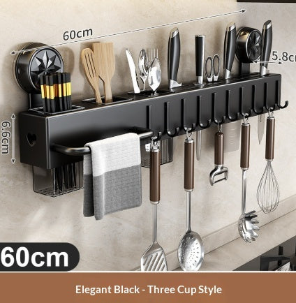 Wall Mounted Kitchen Organizer – No-Drill Knife Rack & Utensil Holder with Hooks & Towel Bar, Punch-Free Space-Saving Storage Shelf for Cutlery, Spoons & Spatulas