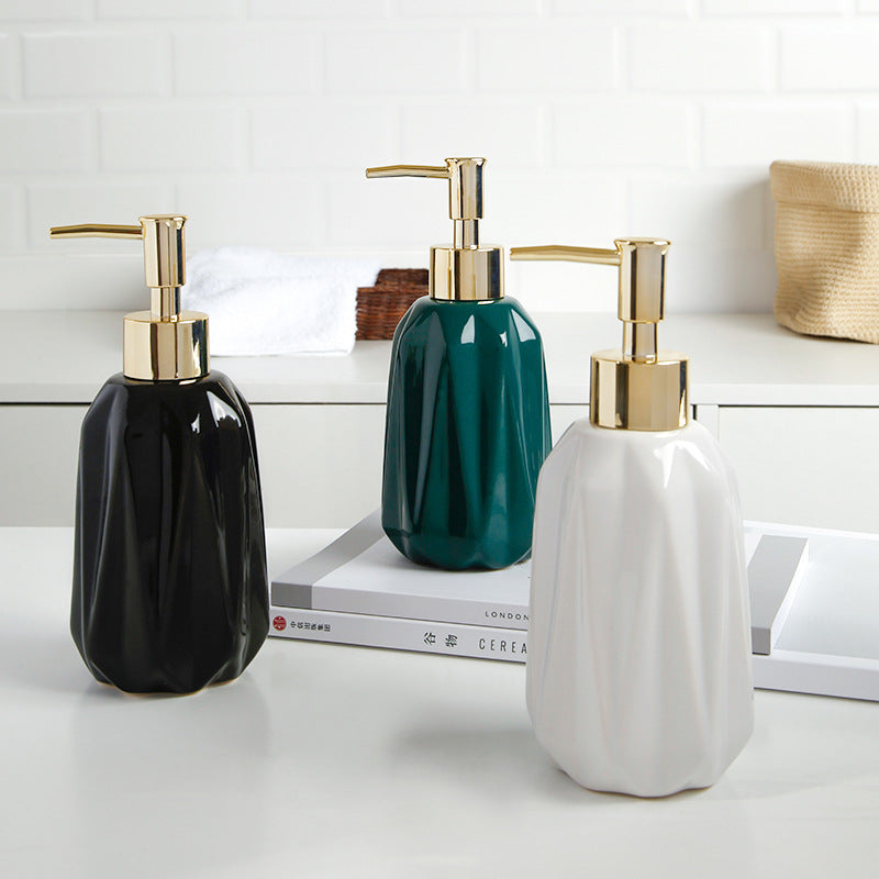 Modern Ceramic Diamond-Cut Soap Dispenser - Press Shampoo And Shower Gel Sub-bottle -Refillable Diamond-Cut Pump Bottle for Hand Soap, Lotion, and Dish Soap in Dark Green and Gold