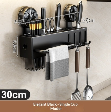 Wall Mounted Kitchen Organizer – No-Drill Knife Rack & Utensil Holder with Hooks & Towel Bar, Punch-Free Space-Saving Storage Shelf for Cutlery, Spoons & Spatulas