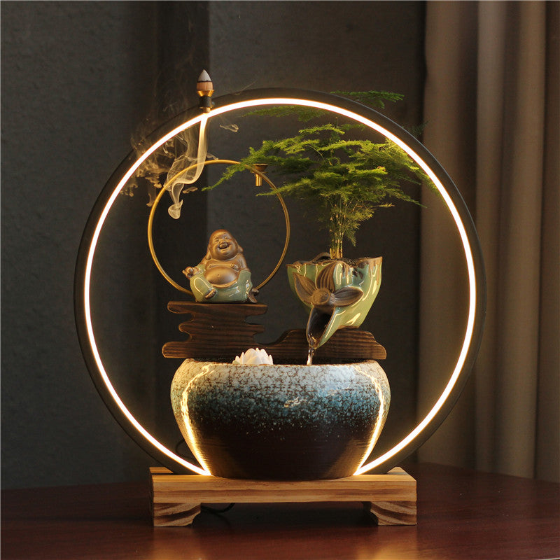 Zen Tabletop Waterfall Fountain with LED Halo Light & Backflow Incense Burner
