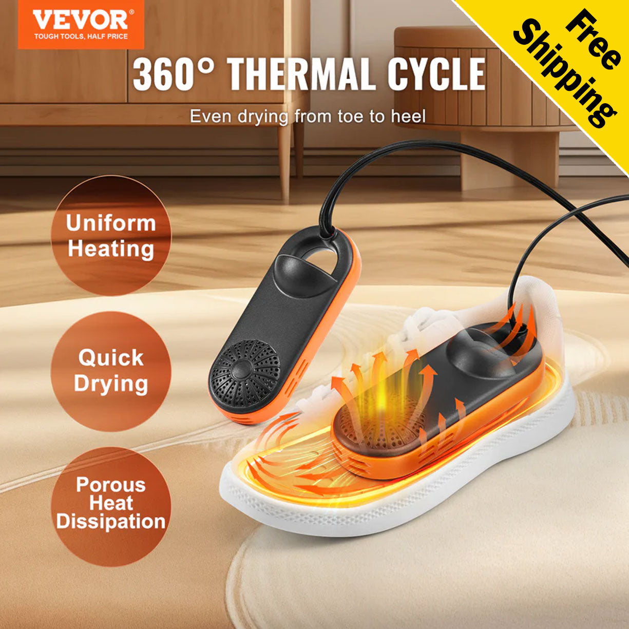 VEVOR Portable Electric Shoe & Boot Dryer | 360° Thermal Air Circulation, Quick Odor Elimination, Safe V0 Flame-Retardant Material | Ideal for Travel, Sports, Work Boots, Gloves, Socks