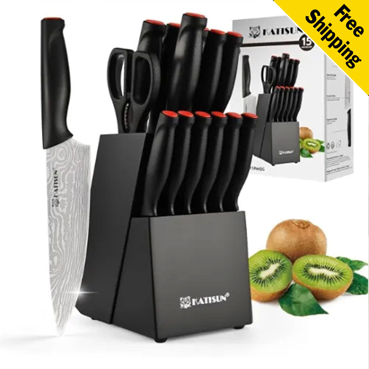 Damascus Pattern 15-Piece Kitchen Knife Set With Block, High Carbon Steel Chef Knife, Includes Sharpener And Scissors, Ergonomic Black Anti-Slip Handle And Red Trim, Perfect For Professionals