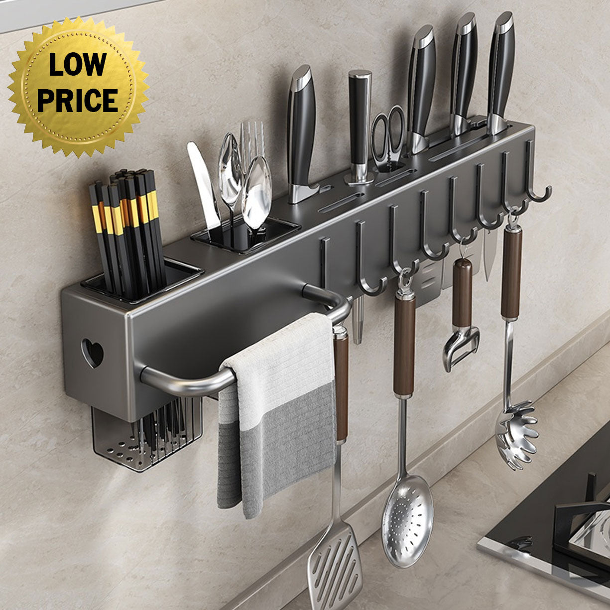 Wall Mounted Kitchen Organizer – No-Drill Knife Rack & Utensil Holder with Hooks & Towel Bar, Punch-Free Space-Saving Storage Shelf for Cutlery, Spoons & Spatulas